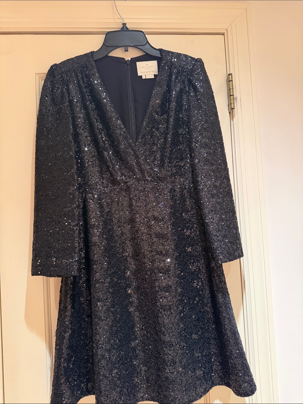 kate spade Black Sequin Long-Sleeve V-Neck Fit & Flare Dress